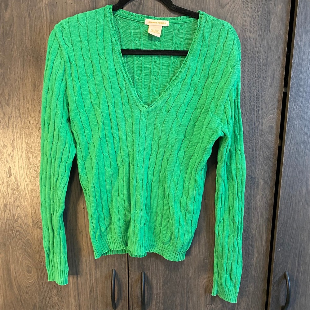 Sweet Romeo V-Neck Sweater Women Size L Green Cable Knit Cotton Pullover